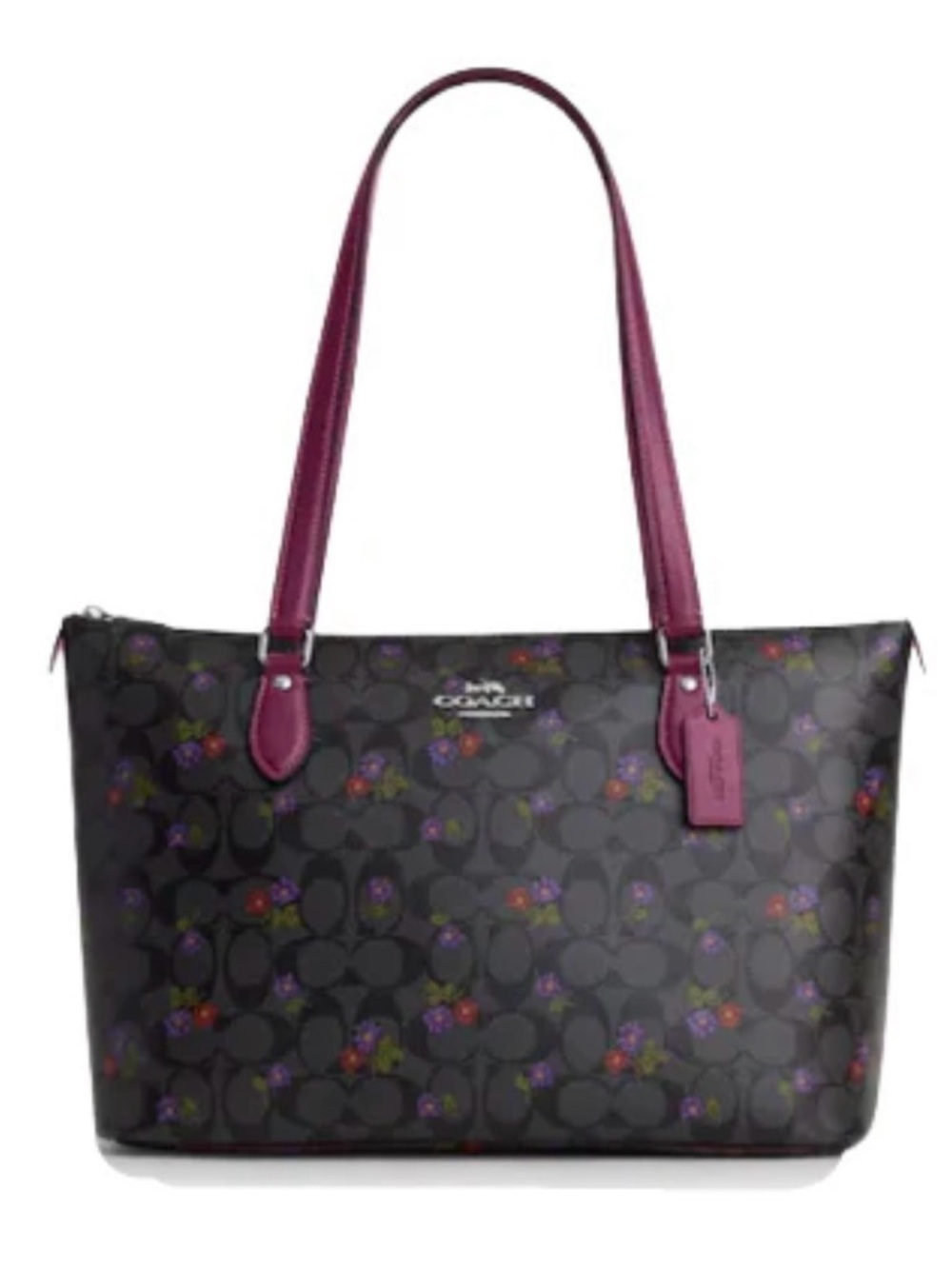 Coach Black Signature Floral Tote with Berry Handles